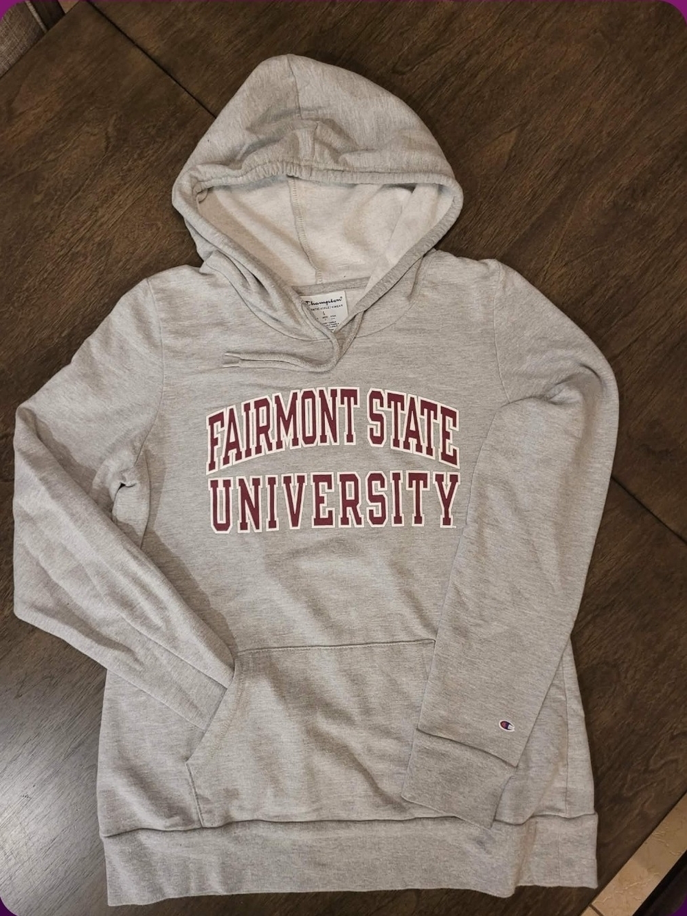 Champion Gray Hooded Sweatshirt with Maroon Fairmont State University Print